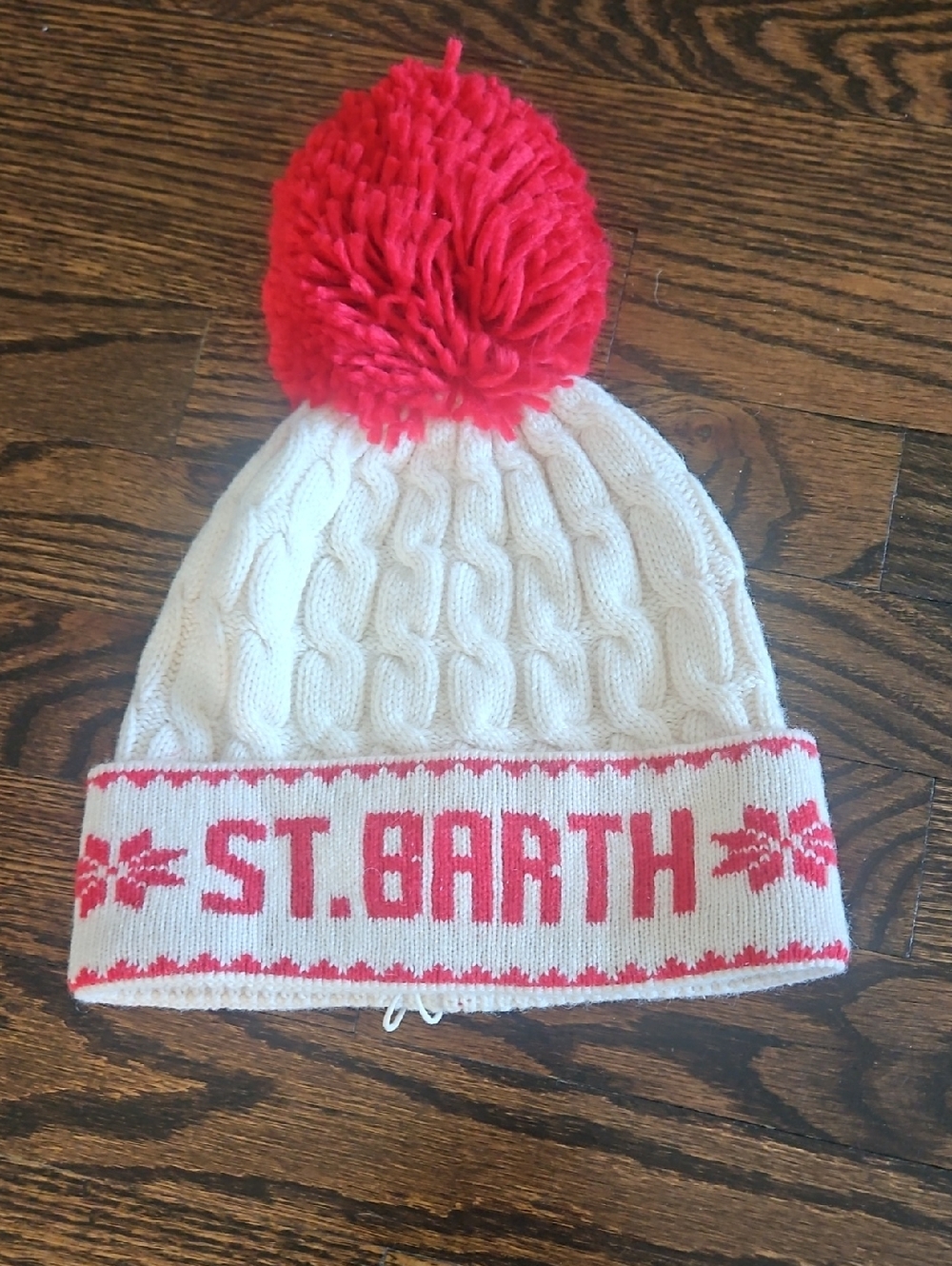 MC2 SAINT BARTH Cream & Red Pom-Pom Cable Knit Beanie